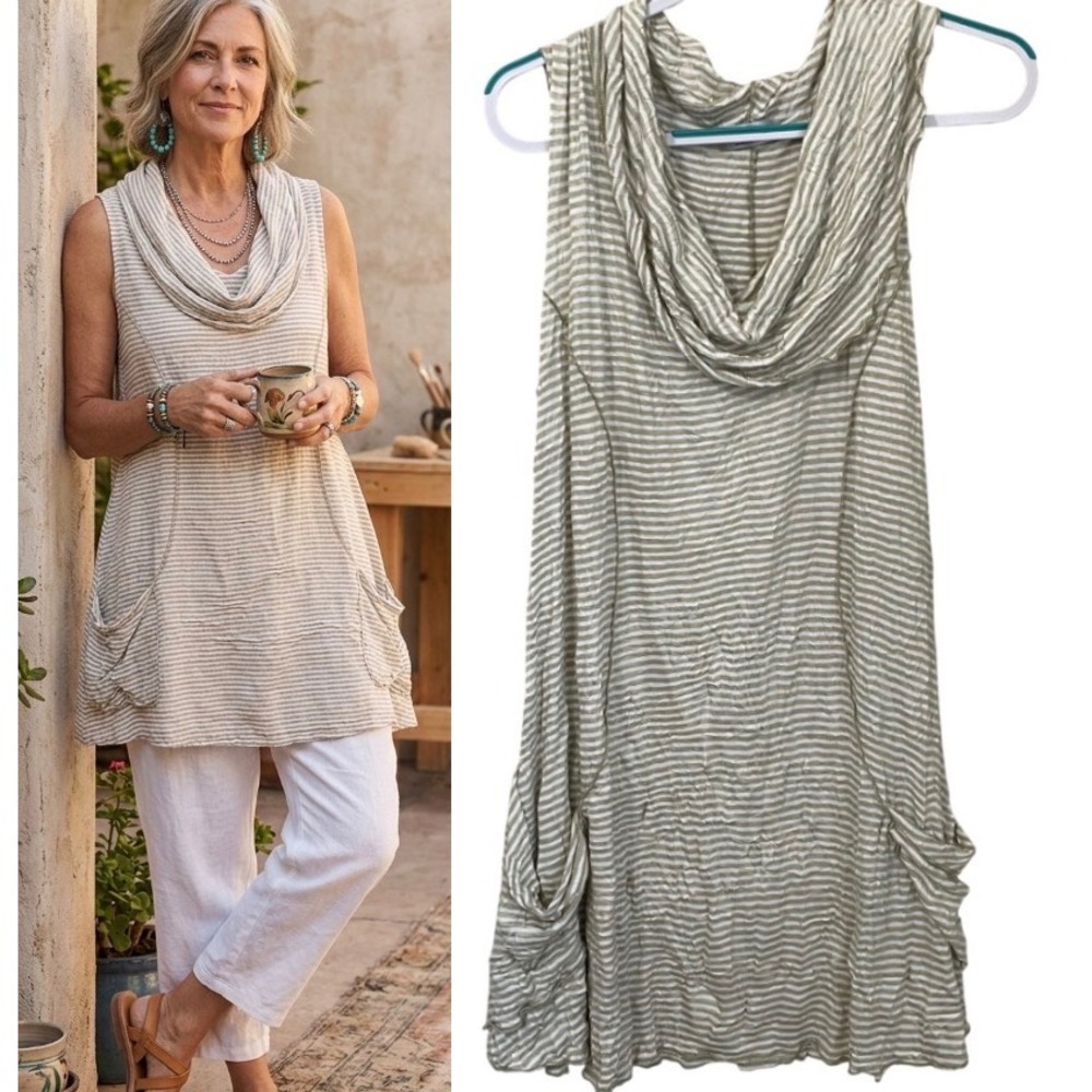 Vine Street XL Sleeveless Cowl Neck Tunic Tan Stripe Pockets Crinkle Lagenlook‎